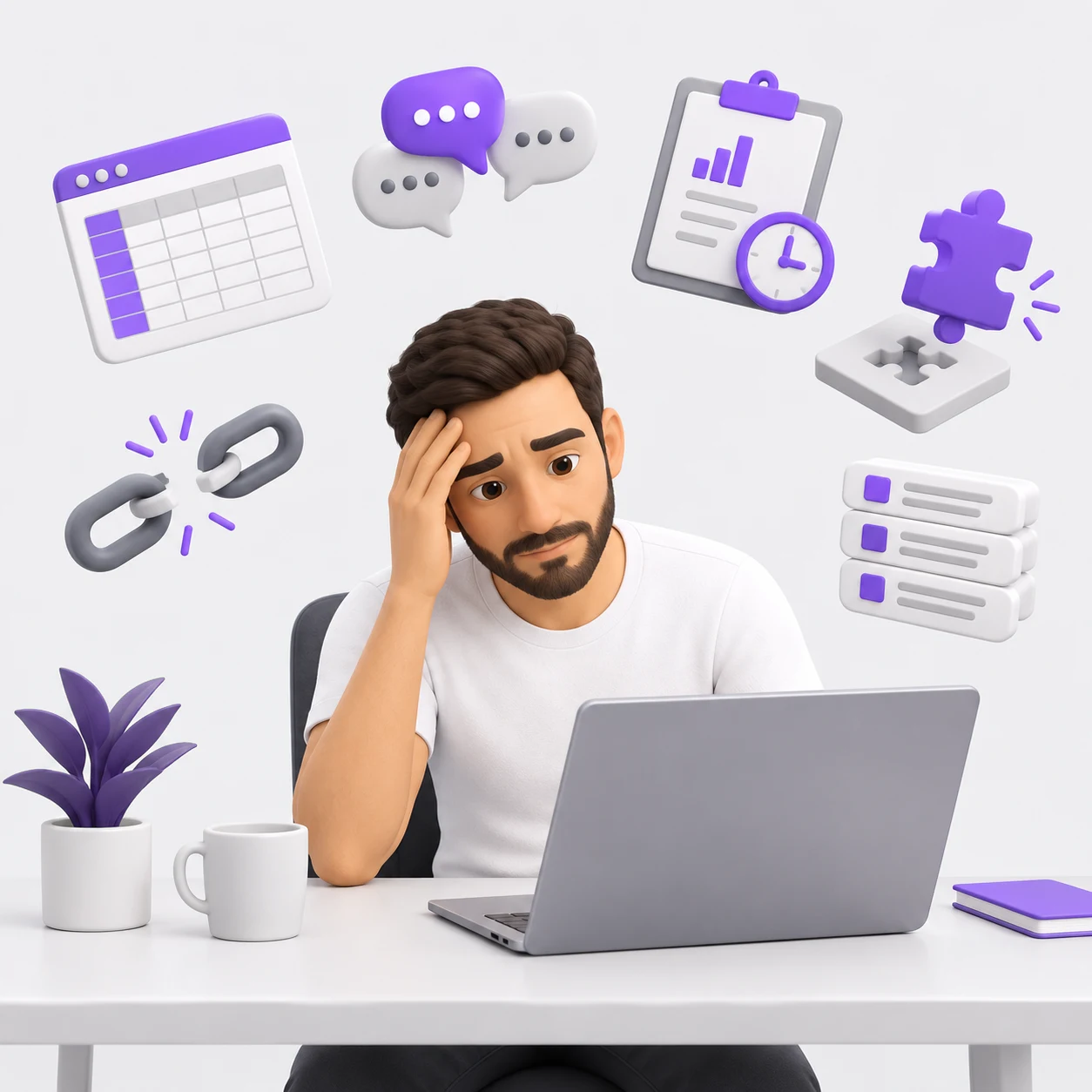 Dono de empresa sobrecarregado no notebook, cercado por planilha, mensagens, relatório atrasado, peça que não encaixa, corrente partida e cadastros repetidos